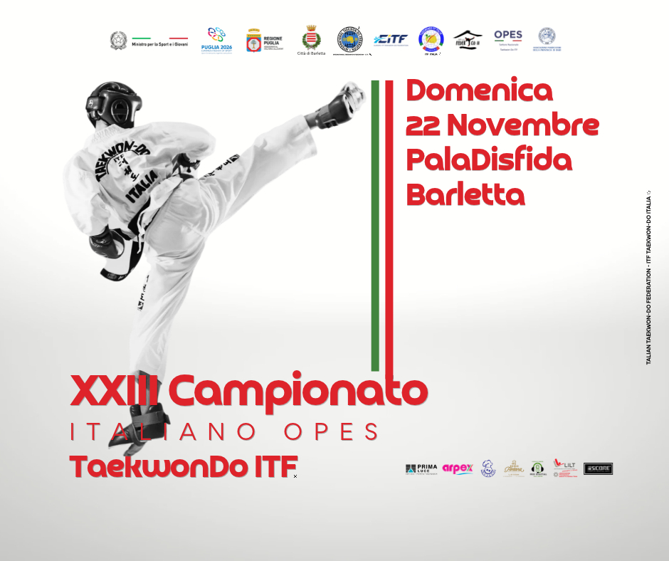 XXIII Campionato Italiano OPES di Taekwon-Do ITF, domenica 22 novembre 2026 al PalaDisfida di Barletta
